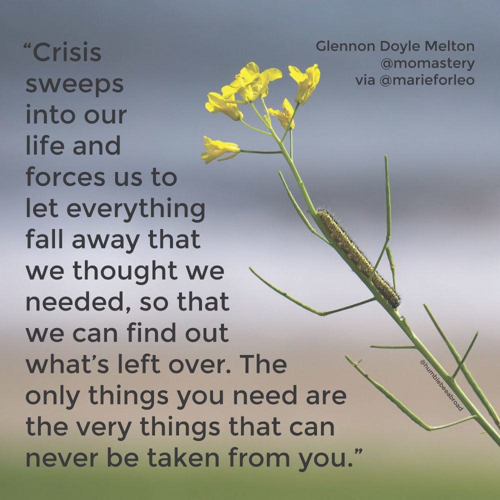 Crisis sweeps into our life and forces us to let everything fall away that we thought we needed, so that we can find out what’s left over. The only things you need are the very things that can never be taken from you.